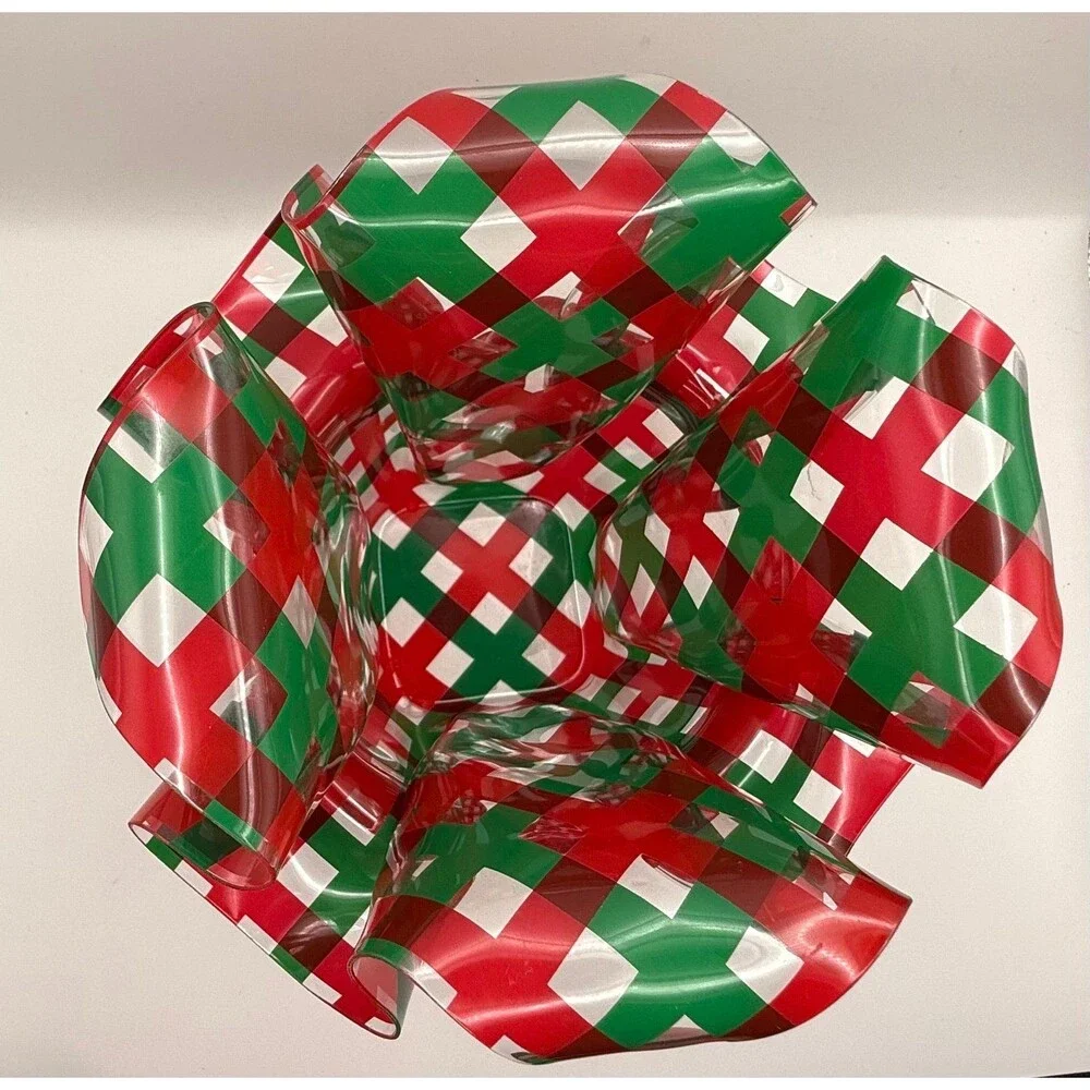 Vintage Christmas Plastic Ruffled Dish Red & Green Plaid Ribbon Candy Bowl